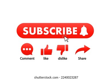 Subscription, bell button cursor.Like, comment, dislike, share. Red subscribe button for channel, blog. Background of social networks. Marketing. Vector illustration