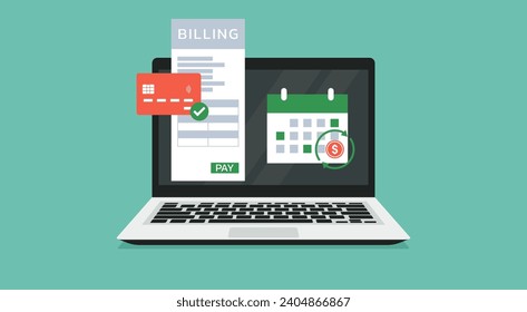 Subscription Billing on Laptop, Automate Recurring Payments for Business Success, Flat Vector Illustration Design