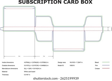 Diseño De La Plantilla Troquelada Del Embalaje De La Caja De La Suscripción Con Las Dimensiones Y La Información De La Fabricación