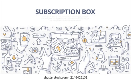 Subscription box service concept. Receiving product on regular basis while making recurring payments to business. Unboxing or preparing package for delivery.  Doodle vector illustration