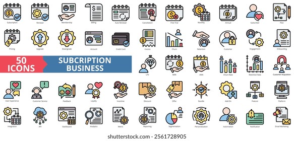 Subscription business icon collection set. Containing renewal, membership, billing, autorenewal, cancellation icon. Simple flat outline vector illustration