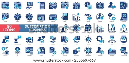 Subscription business icon collection set. Containing renewal, membership, billing, autorenewal, cancellation icon. Simple flat vector.