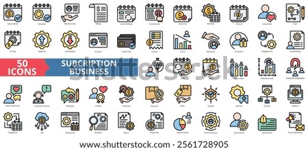 Subscription business icon collection set. Containing renewal, membership, billing, autorenewal, cancellation icon. Simple flat outline vector illustration