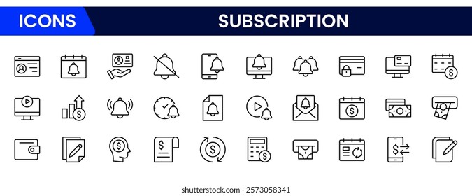 Subscription business icons such as service level agreement, churn, activation, billing, usage-based price, best customer experience, perks, and account vector thin line icons.