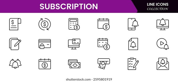 Subscription business icons such as service level agreement, churn, activation, billing, usage-based price, best customer experience, perks, and account vector thin line icons.