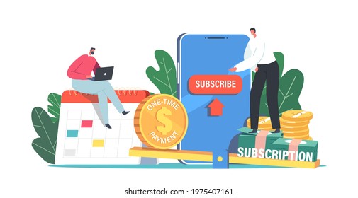 Subscription Business Model as Repeated Process Concept. Tiny Characters at Huge Mobile Phone with Button Subscribe. Service Available on Monthly Subscription Basis. Cartoon People Vector Illustration