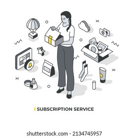 Subscription Business Model. Woman Who Makes Monthly Payment Opening Subscription Box. Marketing Strategy Concept. Isometric Vector Illustration With Isolated Objects