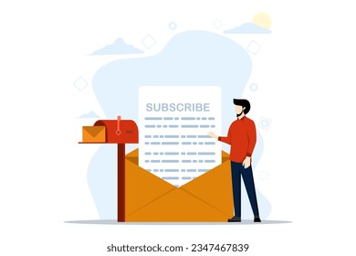 Subscription concept, happy man in casual clothes standing and showing subscription letter with piece of paper inside with word subscribe. flat illustration vector on white background.