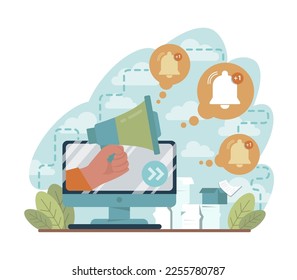 Concepto de suscripción. Un recordatorio para el nuevo contenido de los medios sociales, notificación para los suscriptores. Promoción de blogs y desarrollo de marketing en internet. Ilustración vectorial plana