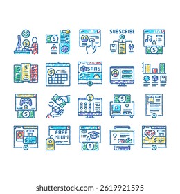 Subscription Content Collection doodle icons set vector. Buying Video Game Music, Electronic Book Film, Subscription On Blog Or Video Channel sketch hand drawn