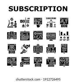Vector de conjunto de iconos de colección de contenido de suscripción. Compra De Videojuegos Y Música, Libros Electrónicos Y Películas, Suscripción En Pictogramas De Glifos De Blogs O De Video Channel. Ilustraciones Negras