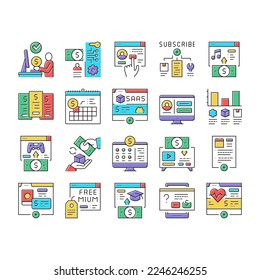 Subscription Content Collection Icons Set Vector. Buying Video Game And Music, Electronic Book And Film, Subscription On Blog Or Video Channel Concept Linear Pictograms. Contour Color Illustrations