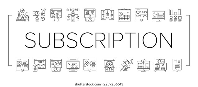 Subscription Content Collection Icons Set Vector. Buying Video Game And Music, Electronic Book And Film, Subscription On Blog Or Video Channel Black Contour Illustrations