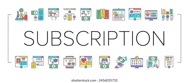 Suscripción Contenido Colección Iconos Establecer Vector. Video Electrónica Suscripción Blog Video Compras Ilustraciones de color de contorno