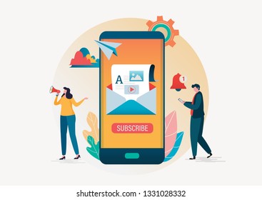 Subscription. Email subscribe vector illustration. People use e-mail marketing in smartphone background. Flat cartoon character graphic design. Landing page template,banner,flyer,poster,web page