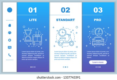 Subscription fees onboarding mobile app screens with service prices. Business programs walkthrough website pages templates. Lite, standard, pro tariff plans steps. Smartphone payment web page layout