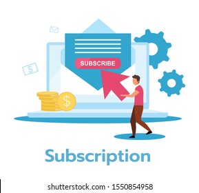 Subscription flat vector illustration. Regular, recurring payment for product, service. Monthly revenue. Continual periodic use. Membership fee. Business model. Isolated cartoon character on white
