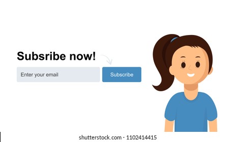 Subscription Form Banner, Background With Pretty Girl. Subscribe Now, Enter Email. Vector Web Page Template. Ui Design. Web Template For Site Form Of Email Subscribe