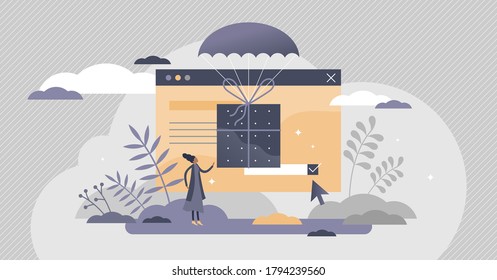 Subscription gift box content for e-commerce members tiny persons concept. Marketing strategy method for membership accounts in internet web shops and stores vector illustration. Free samples prizes.