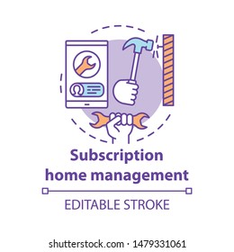 Subscription home management concept icon. Construction tools shop idea thin line illustration. Repairman call service. Smartphone, wrench and hammer vector isolated outline drawing. Editable stroke