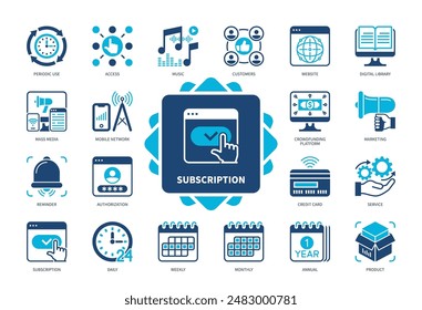 Subscription icon set. Authorization, Website, Service, Daily, Weekly, Monthly, Annual, Periodic Use. Duotone color solid icons