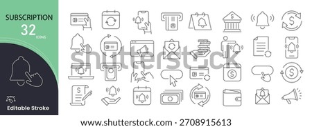 Subscription icons set for renew, plan, billing, service, membership, payment, and monthly cycle. Editable stroke.