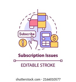 Icono de concepto de problemas de suscripción. Pago regular del paquete. Maas emiten una ilustración de línea delgada de idea abstracta. Dibujo de contorno aislado. Trazo editable. Fuentes Arial, Myriad Pro-Bold utilizadas