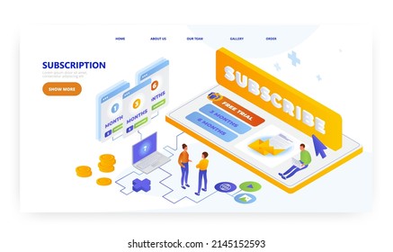 Subscription, Landing Page Design, Website Banner Vector Template. People Choosing Subscription Plan.