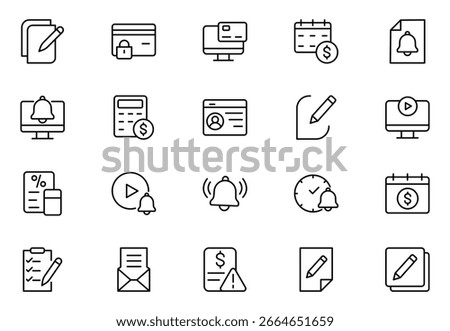 Subscription line icon set. Pixel perfect. Editable stroke. The set includes a Subscription, Newsletter, Newspaper, Reminder, Notification Icon, Letter, Megaphone, Bell, Mail, Message, Web Page.