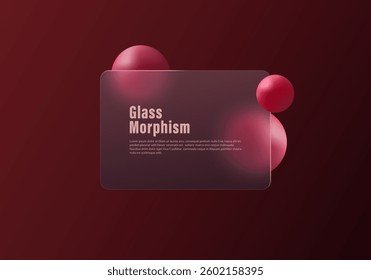 Subscription login form in glass morphism style. Dark red gradient background with panel and floating red spheres.