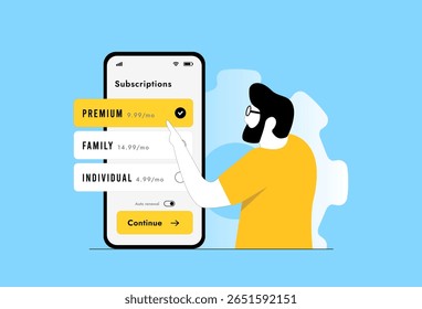 IU de gerenciamento de assinaturas com plano premium selecionado na tela móvel, mostrando pagamento de cartão de crédito, opções de preço e botão de compra. Ilustração da interface de gerenciamento de assinatura do aplicativo Fintech