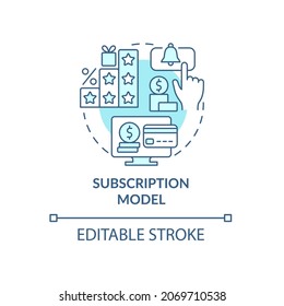 Das blaue Symbol des Abonnementmodells Erwerben Sie Online-Inhalte. Monatliche Gebühr für Software. Geschäftsmodell abstrakte Idee dünne Linie Illustration. Vektorgrafik einzeln auf Umrissfarben. Bearbeitbarer Hub