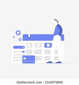 Subscription monthly automatic payment concept illustration. Calendar icon with a recurring monthly payment date, calculator and credit bank card. Paid member subscription. Annual percentage rates APR