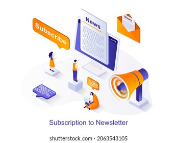 Subscription Newsletter Isometric Web Concept. People Receive Promotional Letters At E-mail. Business Communication And Online Promotion Scene. Vector Illustration For Website Template In 3d Design