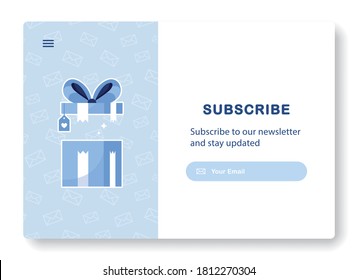Subscription to newsletter, news, offers, promotions. Gift with bow. Web Template. Subscribe. Follow me. Popping window for website. Send by mail. Blue. Eps 10