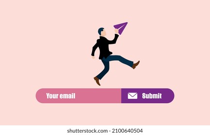 Subscription to newsletter, news, offers, promotions. Flat concept. Businessman launching  paper airplane on email subscribe form on website. 