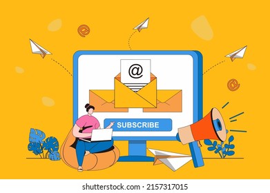 Subscription to newsletter web concept in flat 2d design. Woman working at laptop and receiving promo messages. Email marketing and electronic Communication. Vector illustration with people scene