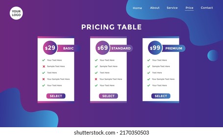 Subscription Package Pricing Comparison. Business Plan Pricing Chart. Comparison Table. Gradient Color 