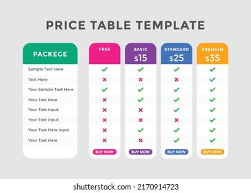 Subscription Package Pricing Comparison. business plan pricing chart. Comparison table. Gradient color 
