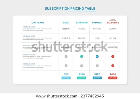 Subscription Packages Comparison Pricing Table Infographic Template with 4 Plans