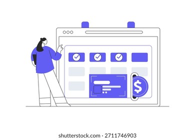 pago de la Suscripción. Calendario con una fecha de pago mensual para los miembros registrados. Cuota mensual de pago de la Suscripción. Ilustración vectorial plana de la historieta, icono Web elegante de la página de aterrizaje del diseño abstracto