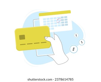 Subscription payment - monthly billing with calendar marking payment date alongside credit card icon. Subscription Payment process for subscribers, ideal for membership and recurring fees illustration