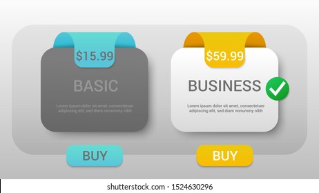 Subscription plan choice web template with two tariffs with different prices and services and colorful Buy buttons. Vector illustration