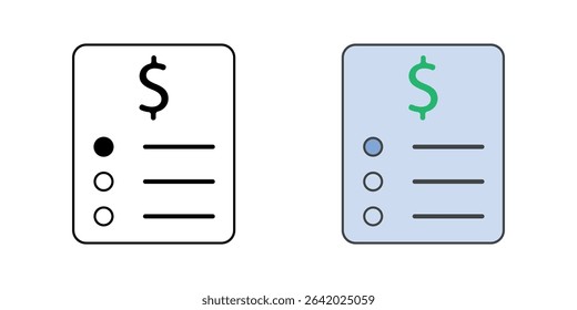 Subscription plan icon showing a checklist layout with check marks and a dollar sign, in outline and color styles, ideal for pricing tiers and SaaS service plans.