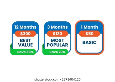 Subscription plan package options, Pricing table design template button concept illustration flat design vector. Simple, modern graphic element for ui