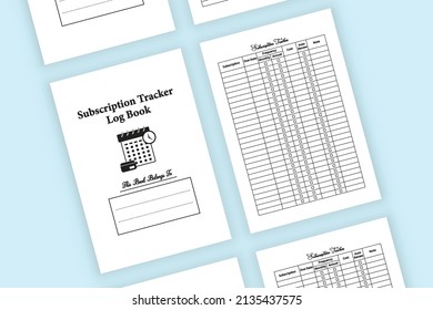 Subscription planner journal. Monthly subscription expense tracker logbook. Interior of a notebook. Personal subscription info planner logbook template. Subscription tracker interior.