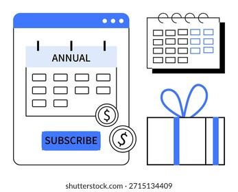 Planos de assinatura, gerenciamento financeiro, planejamento anual, serviços de comércio eletrônico, pagamentos on-line e contrato com o cliente. Calendário anual com o botão de inscrição e ícones em dólar. Planos de assinatura