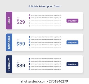 Plantilla infográfica de la tabla de comparación de Precios de Planes de suscripción: Plantilla de la tabla de Precios de negocios, diseño de Plantilla de lista de verificación de Anuncio de Web. Diseñar una tabla comparativa de listas de Precios.