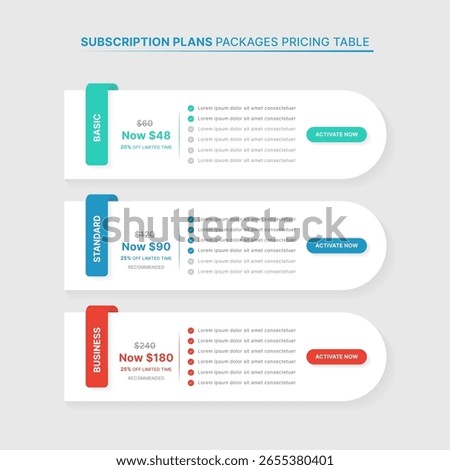 Subscription Plans Pricing Comparison Table Infographic Template with 3 Packages