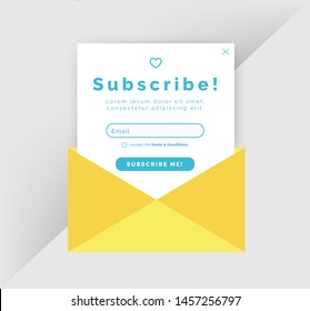 Subscription pop up form. Yellow blue envelope e-mail design. Subscribe button. Professional web design, full elements. User-friendly. Vector.